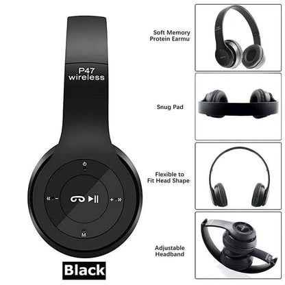 P47 Foldable Wireless Bluetooth Stereo FM Over Ear Headphones 5.0 EDR