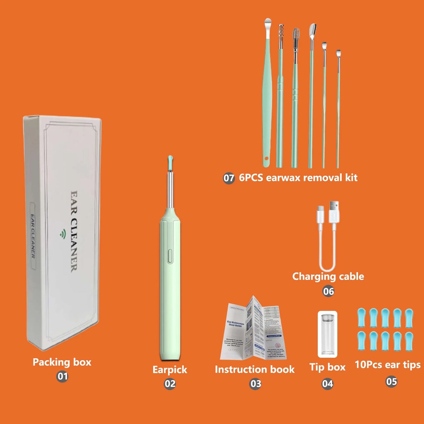 Ear Cleaner with 10 Pieces Earpicks, Ear Wax Removal Tool, 1296P HD Smart Visual Earwax Remove Kits 10Pcs Ear Tips Replacement (White)