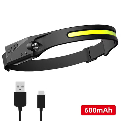 Induction Headlamp COB LED Sensor Head Lamp Built-In Battery Flashlight USB Rechargeable Head Torch 5 Lighting Modes Headlight